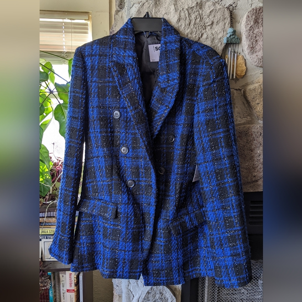 SO Blue and Black Plaid Women's Jacket With Sparkle.